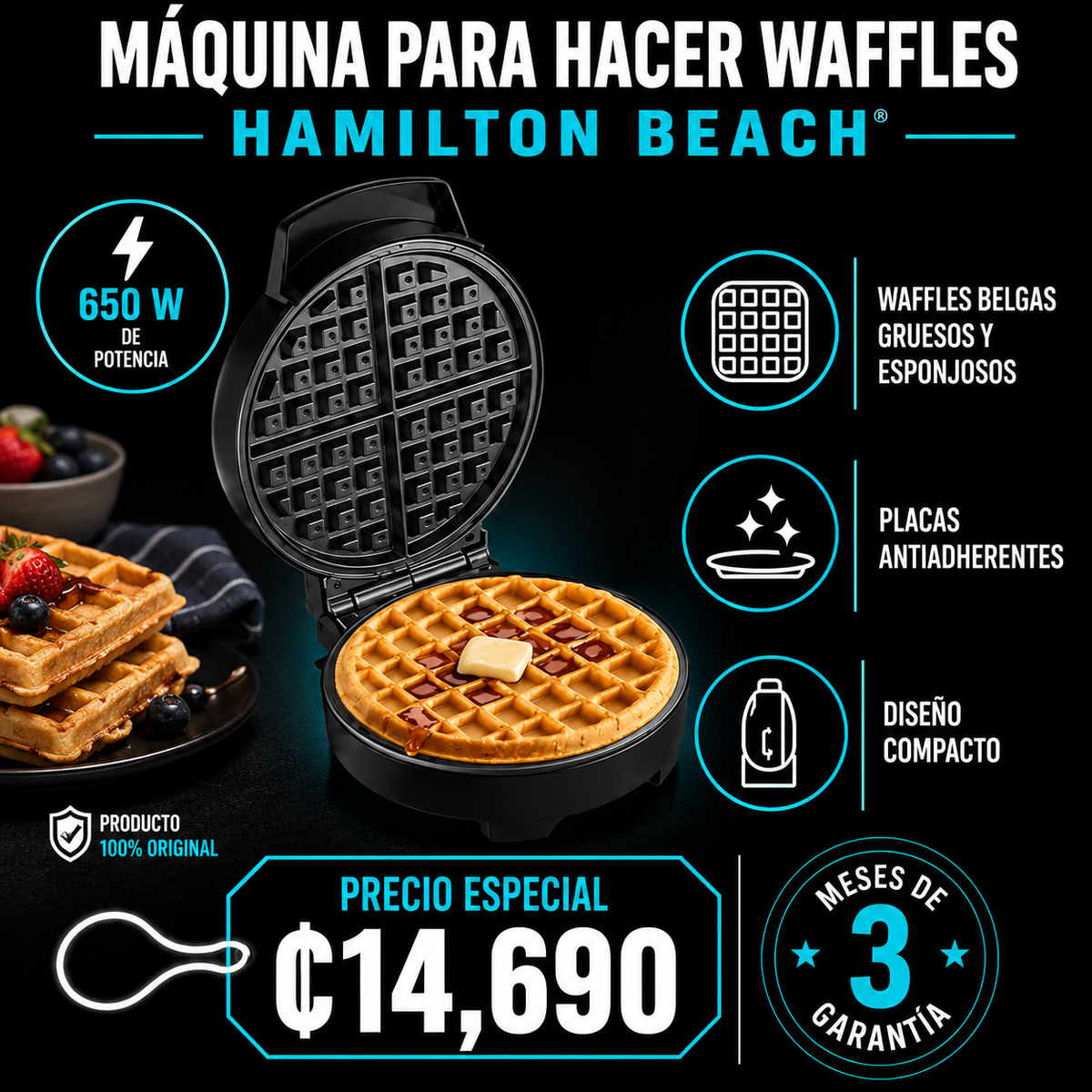 Máquina para hacer waffles 650W Hamilton Beach