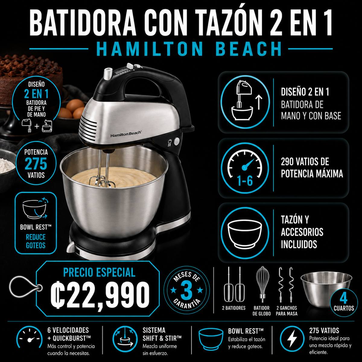 Batidora con tazón 2 en 1 Hamilton Beach
