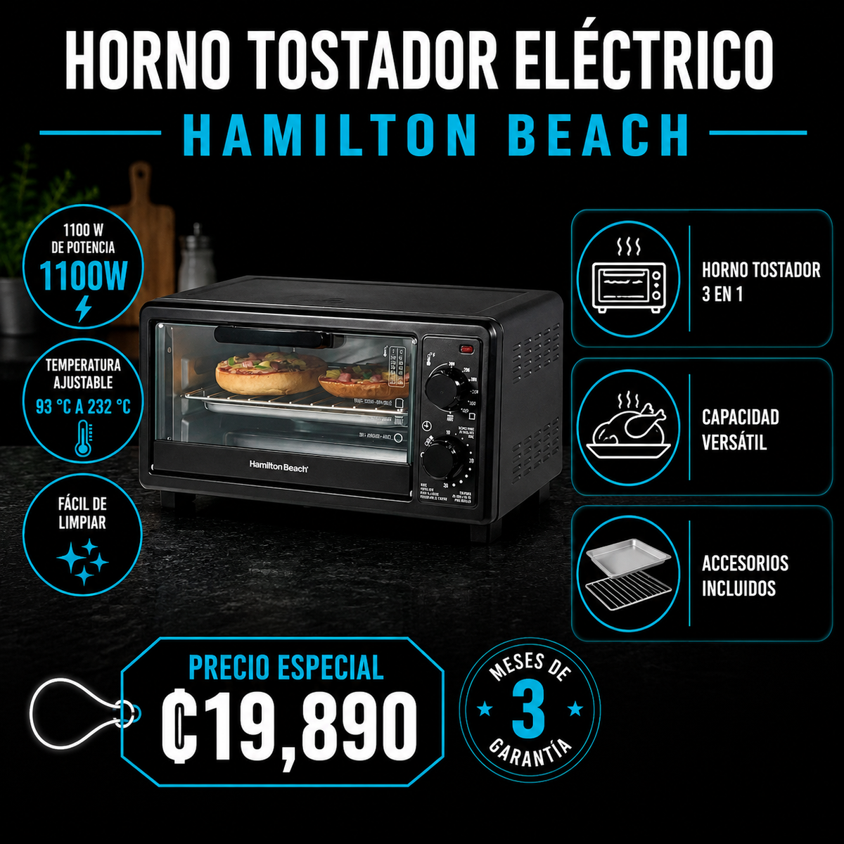 Horno Tostador eléctrico 1100W Hamilton Beach