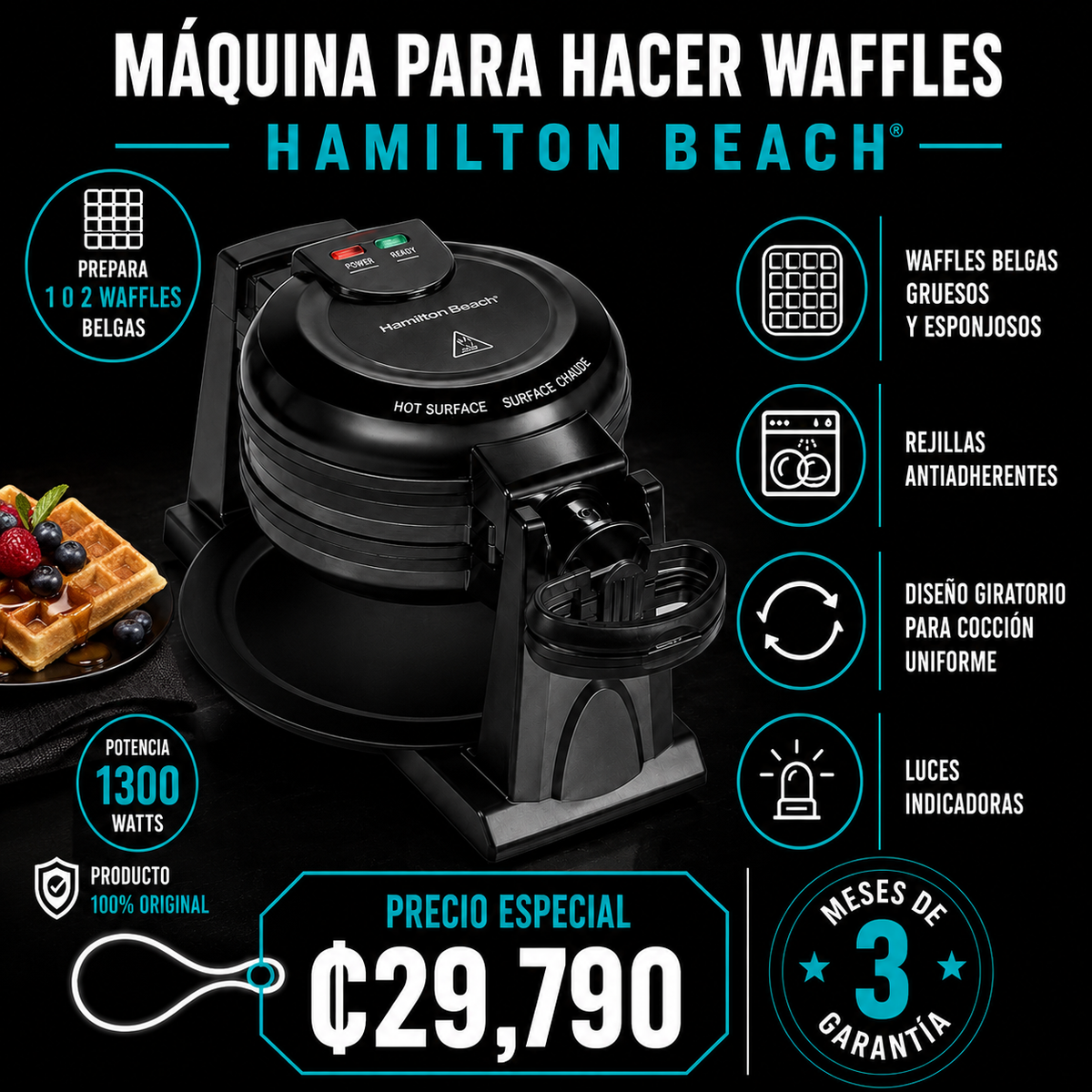 Máquina para waffles doble giratorio 1300W Hamilton Beach