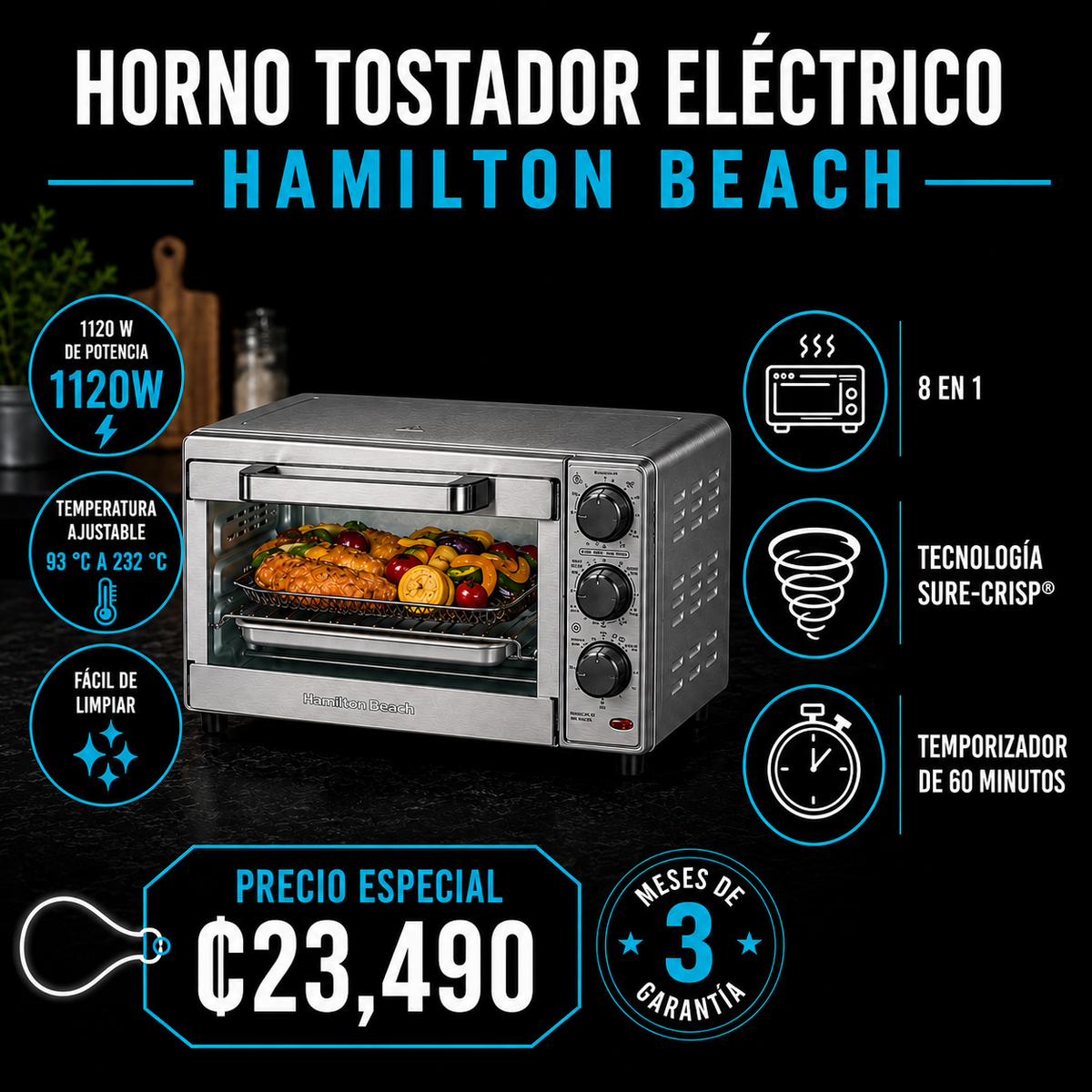 Horno Tostador eléctrico 1120W Hamilton Beach