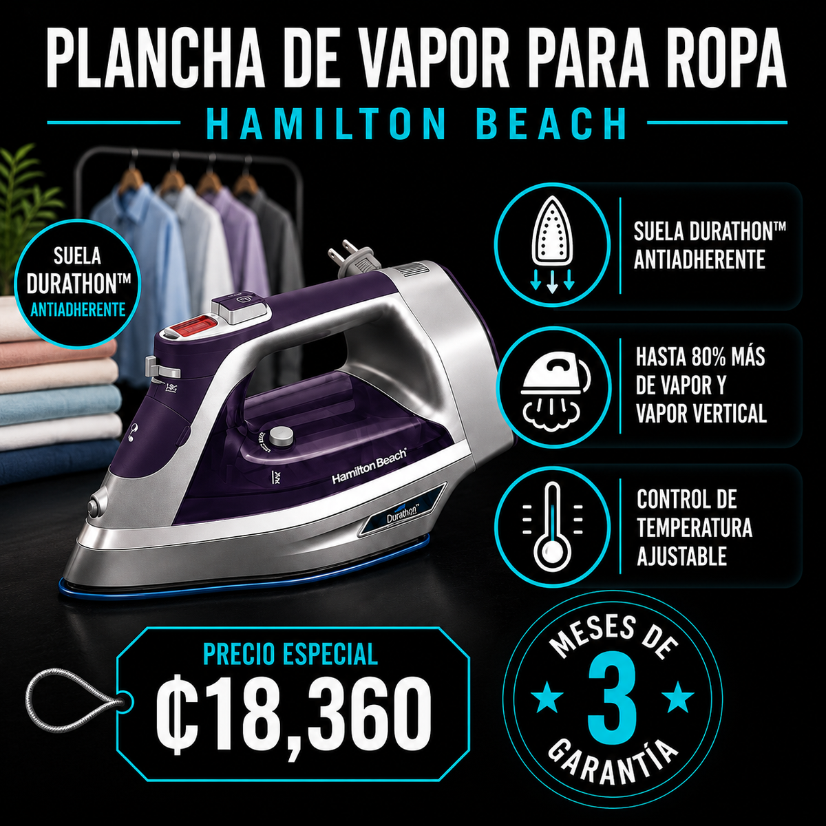 Plancha de vapor para ropa Hamilton Beach