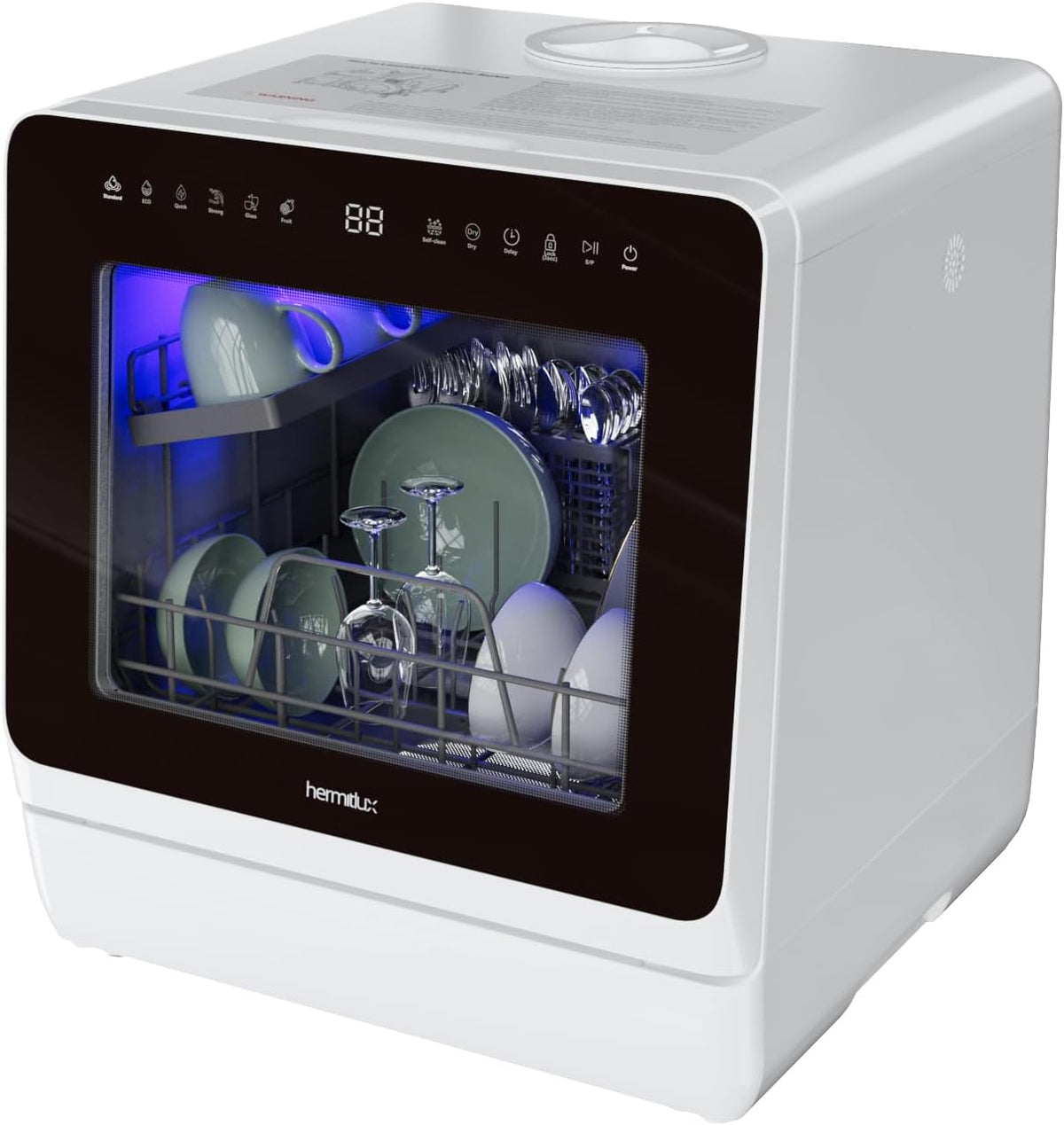 Lavador y Secador de platos Portátil Hermitlux de Encimera con 7 Programas de Lavado