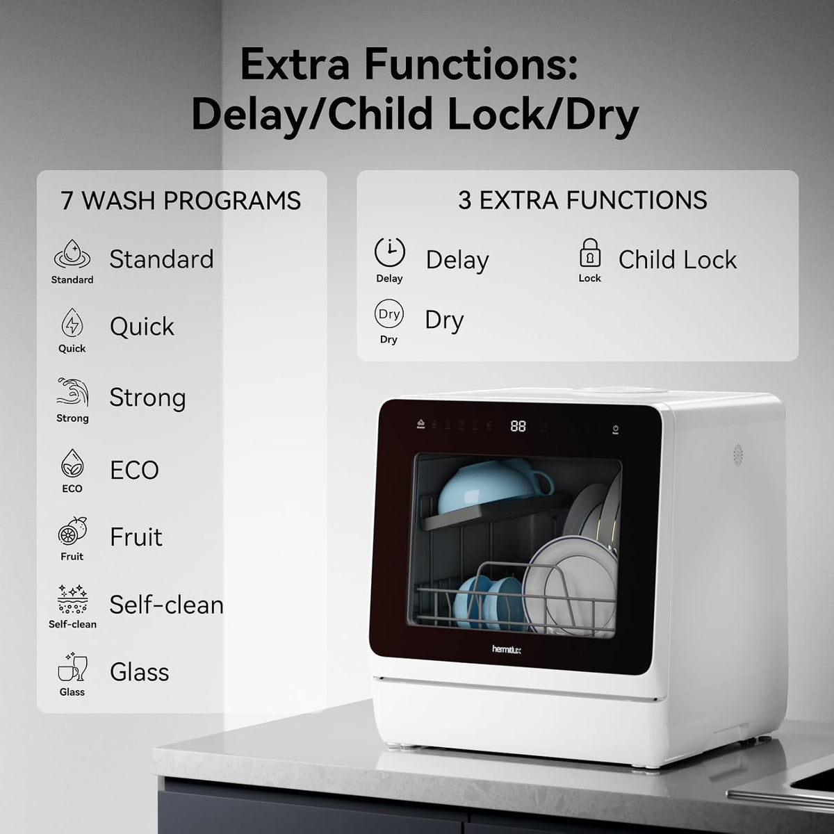Lavador y Secador de platos Portátil Hermitlux de Encimera con 7 Programas de Lavado