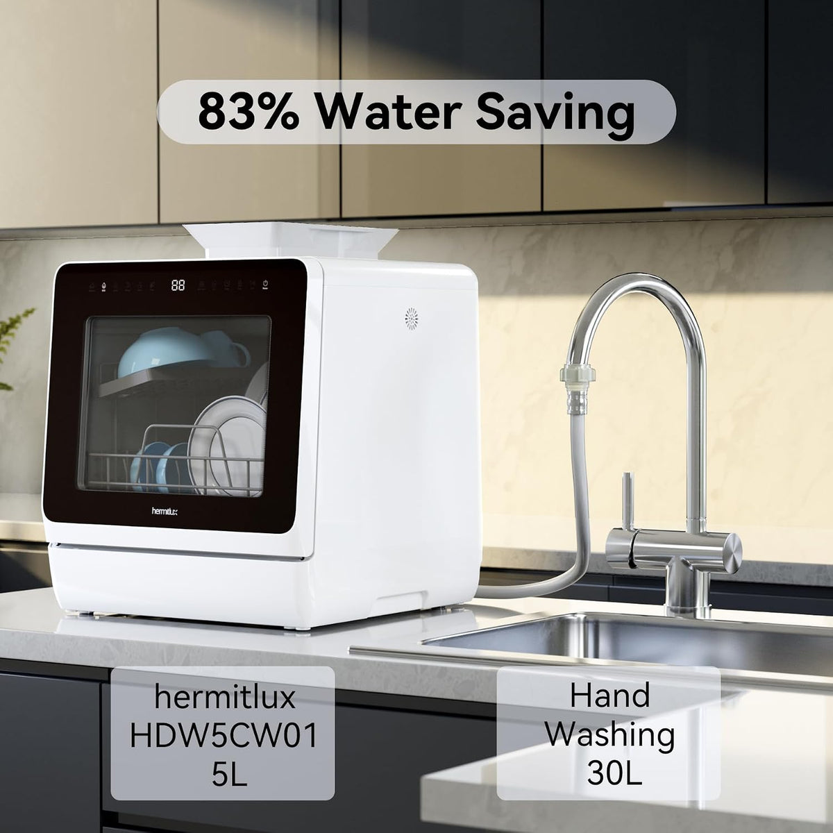 Lavador y Secador de platos Portátil Hermitlux de Encimera con 7 Programas de Lavado