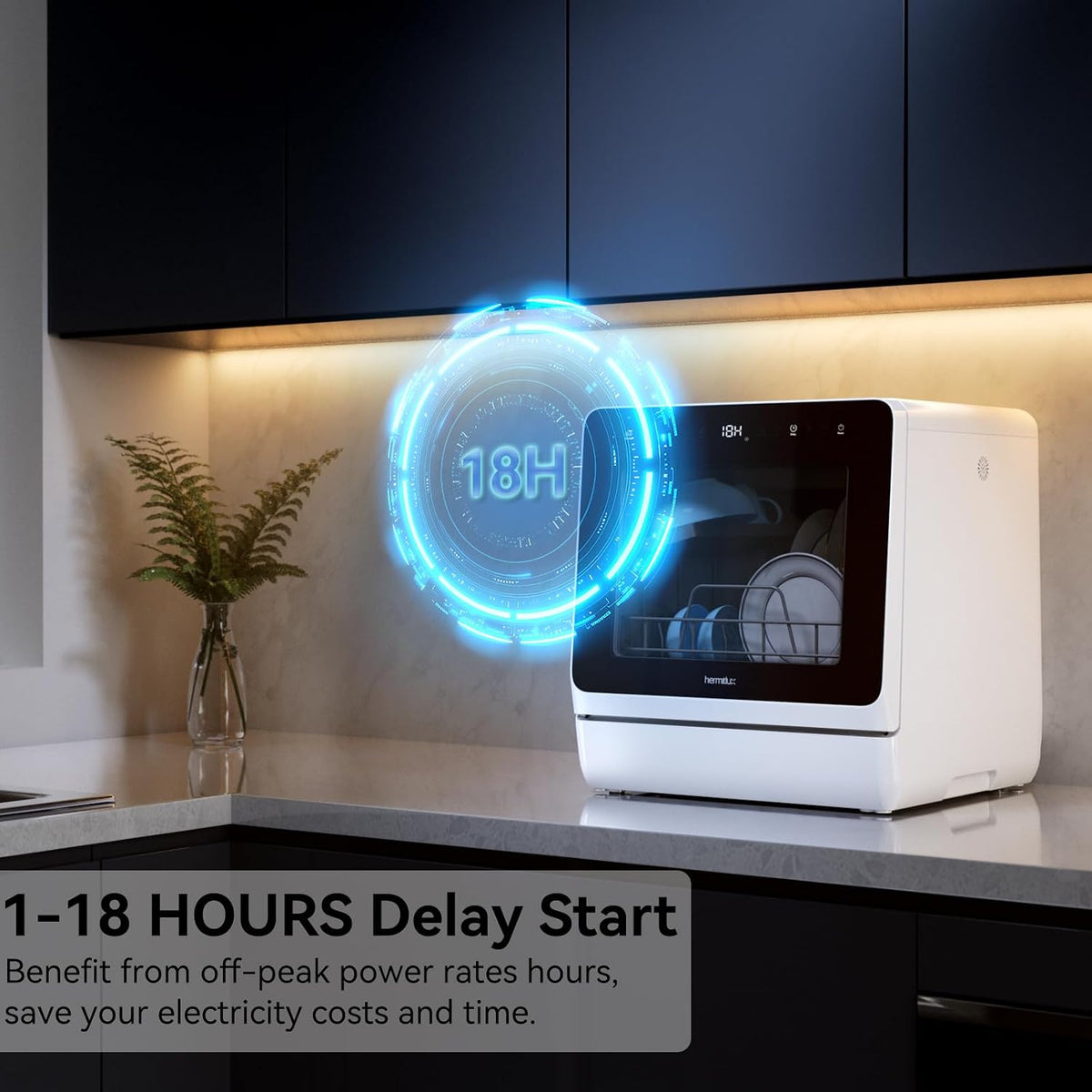 Lavador y Secador de platos Portátil Hermitlux de Encimera con 7 Programas de Lavado