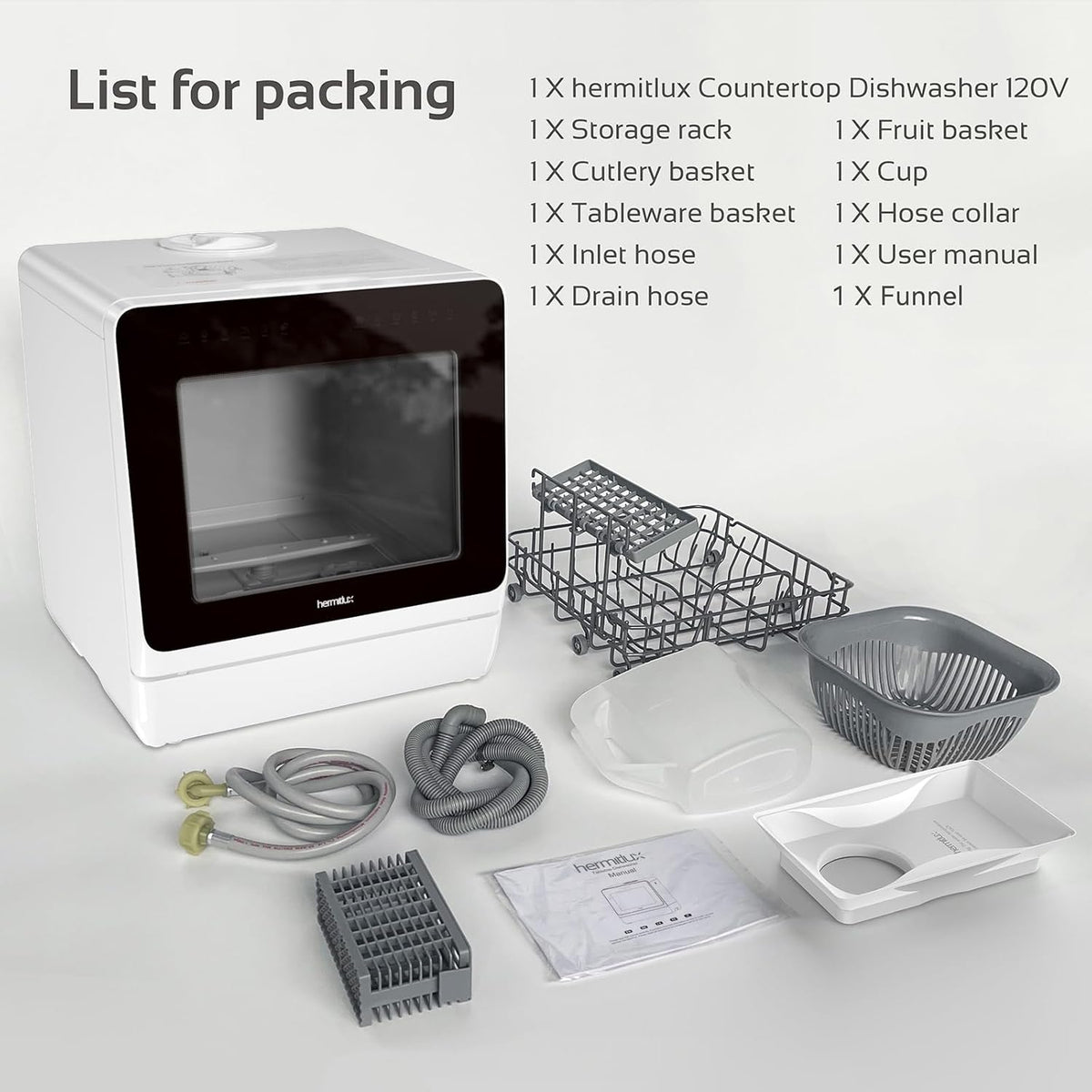 Lavador y Secador de platos Portátil Hermitlux de Encimera con 7 Programas de Lavado