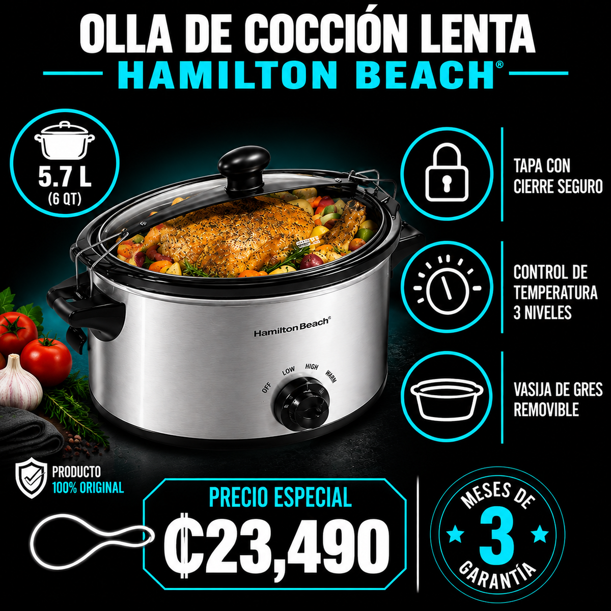 Olla de cocción lenta 5.7L con seguro de transporte Hamilton Beach