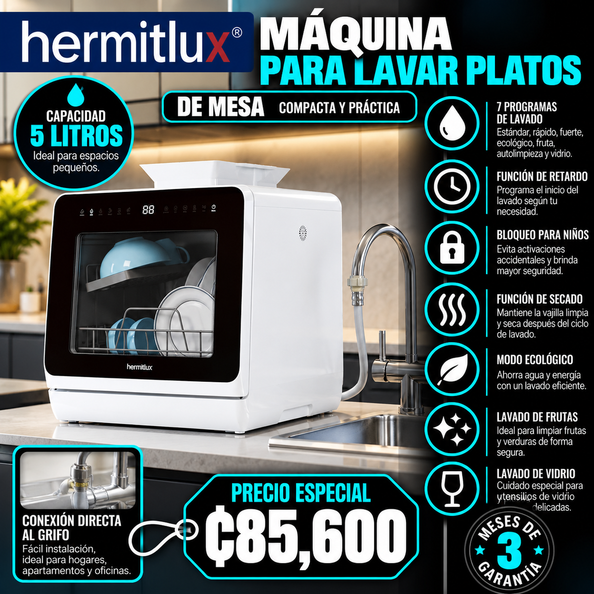 Lavador y Secador de platos Portátil Hermitlux de Encimera con 7 Programas de Lavado