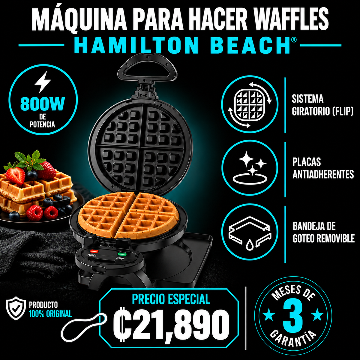 Máquina para waffles giratorio 800W Hamilton Beach