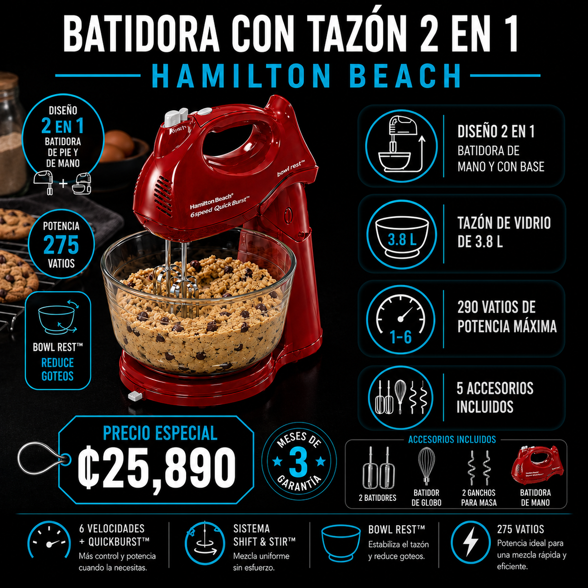 Batidora con tazón 2 en 1 Hamilton Beach