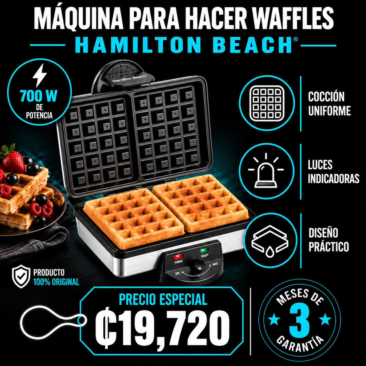 Máquina para hacer waffles doble 700W Hamilton Beach