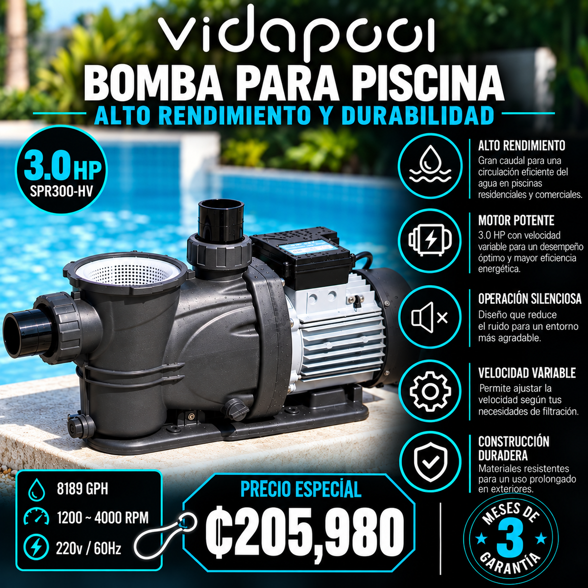 Bomba Inteligente para Piscina 3.0HP de Velocidad Variable con Ahorro Energético VIDAPOOL