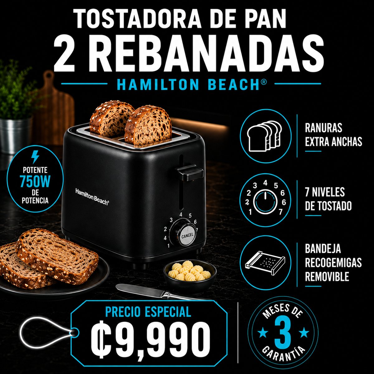 Tostadora de pan 2 rebanadas Hamilton Beach