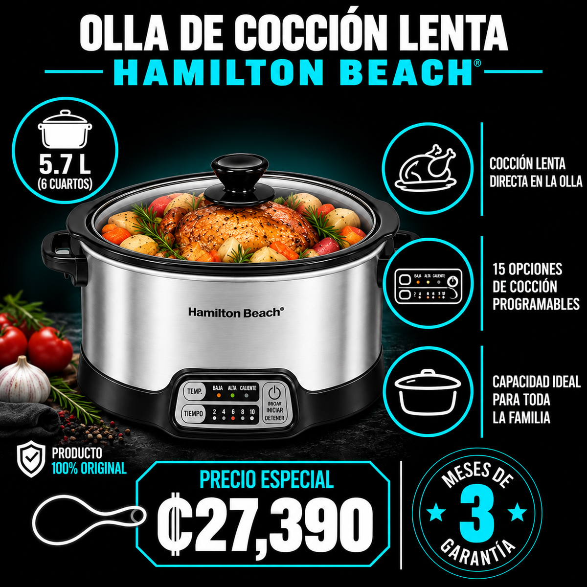 Olla de cocción lenta Digital Programable 5.7L Hamilton Beach