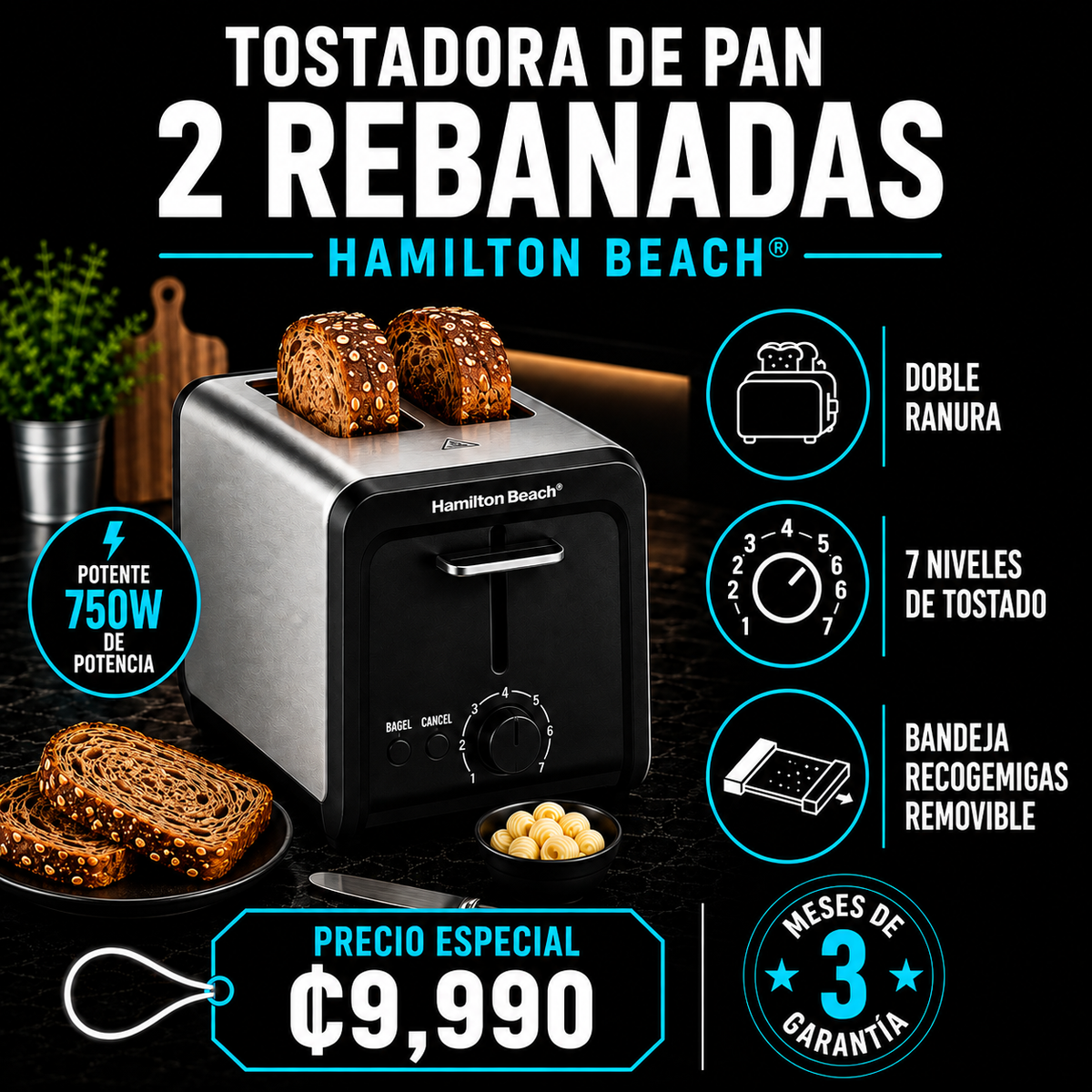Tostadora de pan 2 rebanadas Hamilton Beach