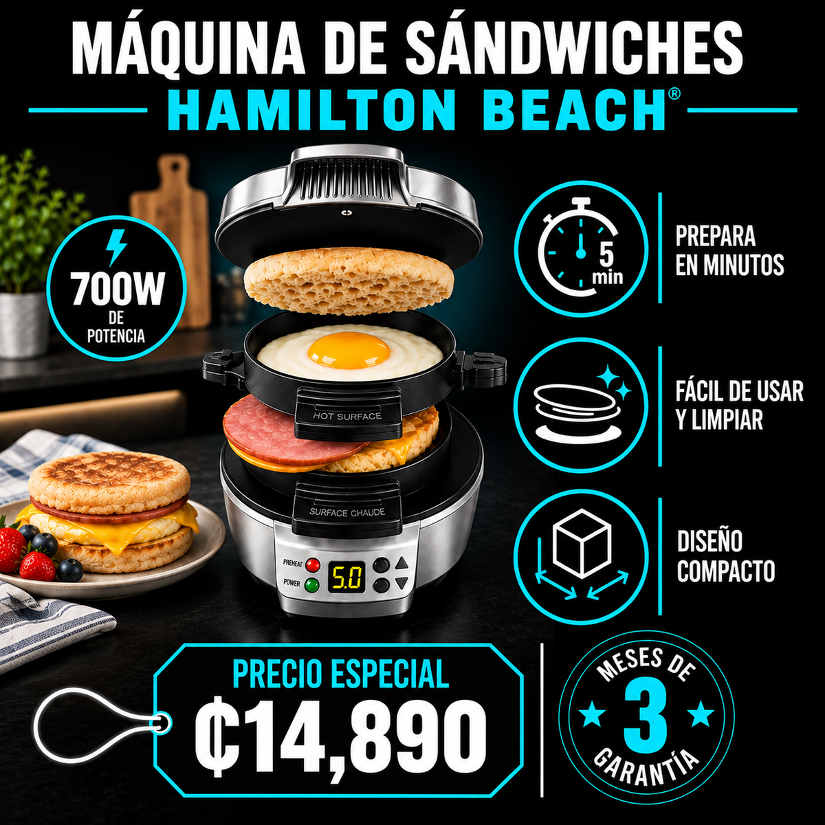 Máquina de sándwiches 700W Hamilton Beach