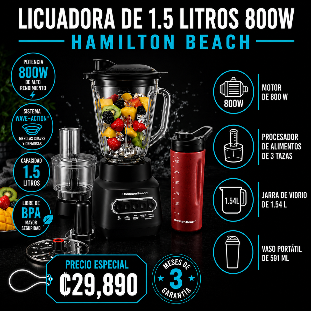 Licuadora 3 en 1 de 1.5 litros 800W Hamilton Beach